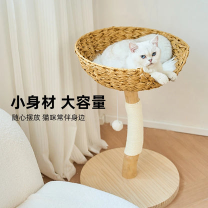Modern wooden cat tree climbing tower with multi-level rattan design for indoor cats in small apartments