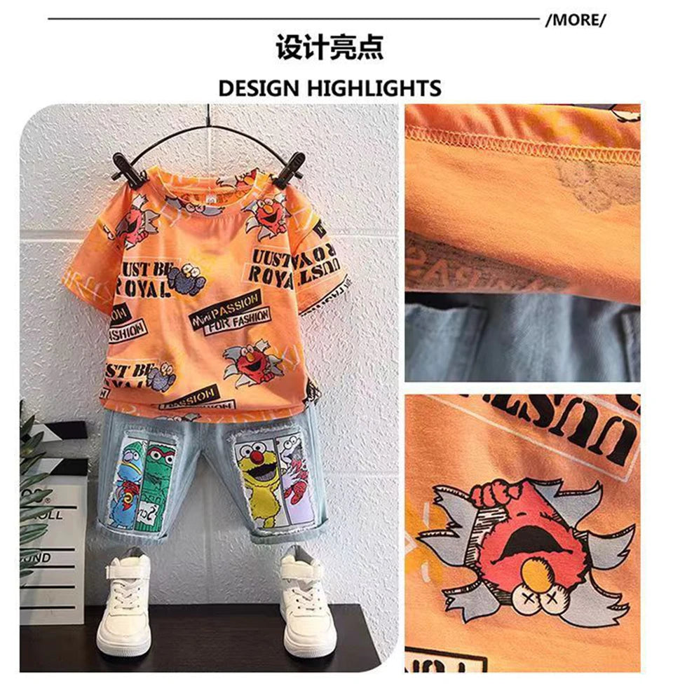 2026 Kids Cartoon Tee Denim Shorts Set Boys 3-12Y