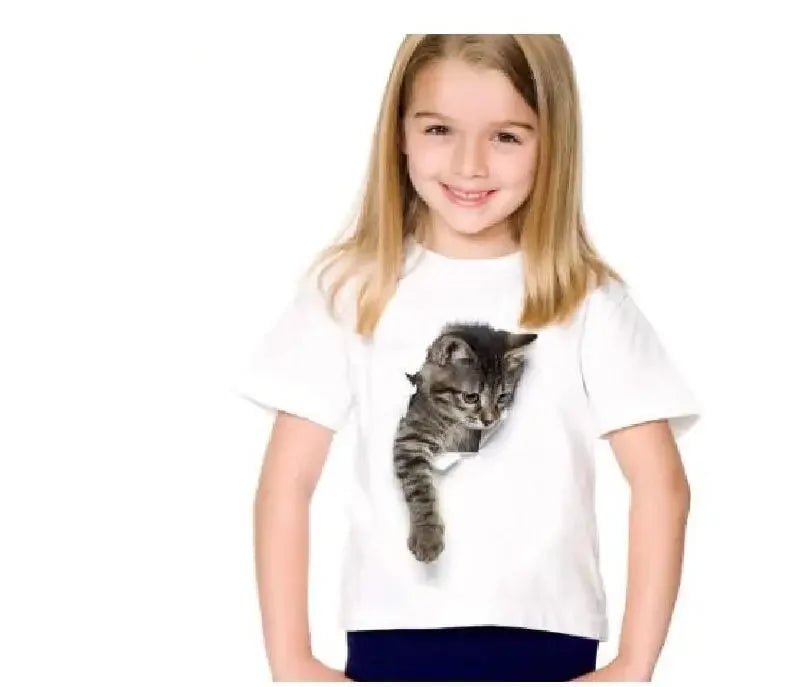 Girls Summer Cute 3D Cat Print Short Sleeve T-Shirt