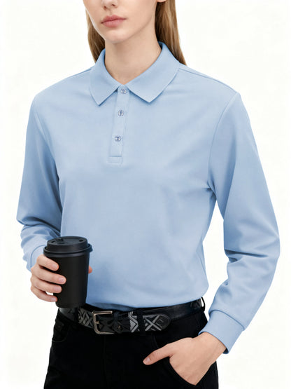 Solid Polo Shirts Womens Long Sleeves Slim GOLF shirt Commuting Winter Breathable Lapel Tops Sporty Comfortable Womans Clothes