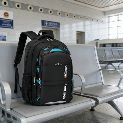Kids waterproof school backpack in black and blue made of nylon with zipper and adjustable straps for boys and students