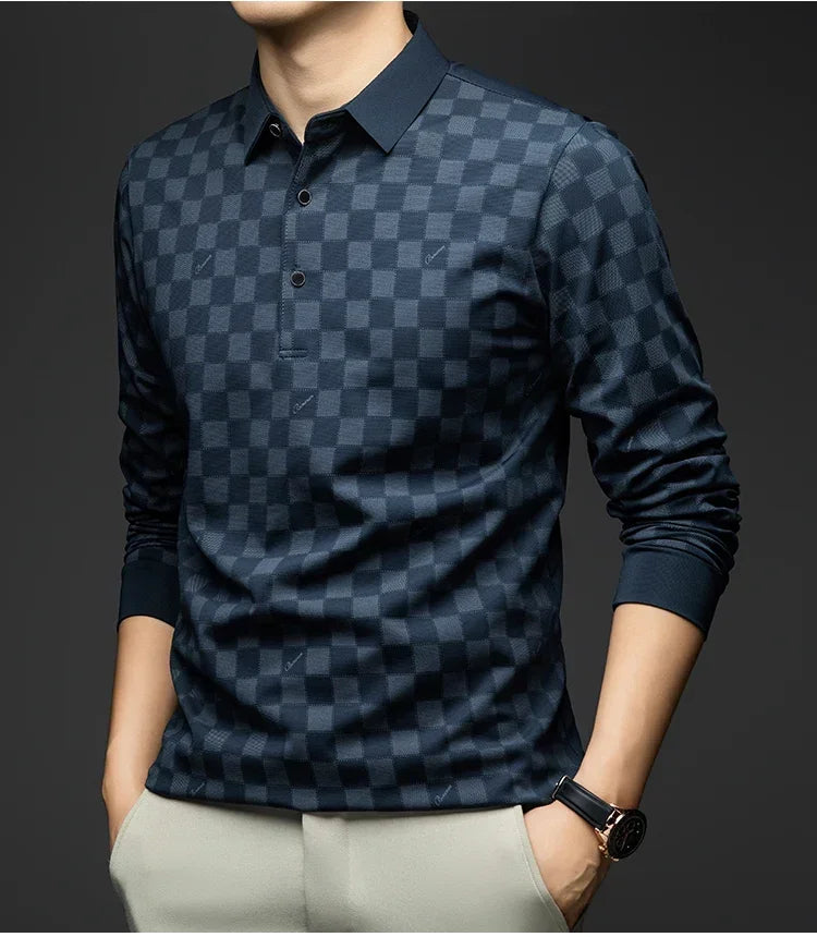 Polo Shirts for Man Autumn Business Slim Fit Long Sleeve T Shirt Men New Casual Loose Pullover Plaid Men Tops &amp; Tees