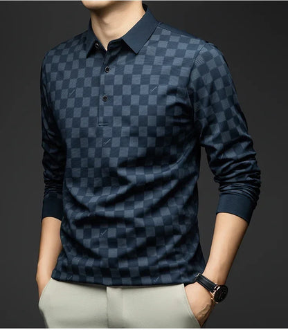 Polo Shirts for Man Autumn Business Slim Fit Long Sleeve T Shirt Men New Casual Loose Pullover Plaid Men Tops &amp; Tees