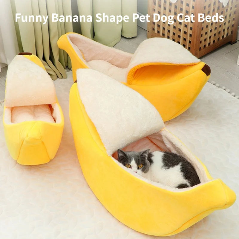 Banana Cat Bed House Cute Plush Warm Winter Pet Bed