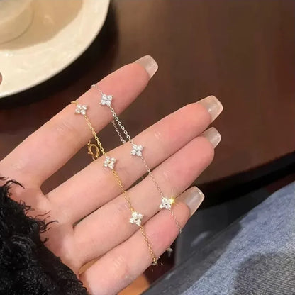 High Quality Crystal Four Leaf Flower Bracelet for Women Clasic Trendy Gold Color Stainless Steel Zircon Bangle Jewelry Gift