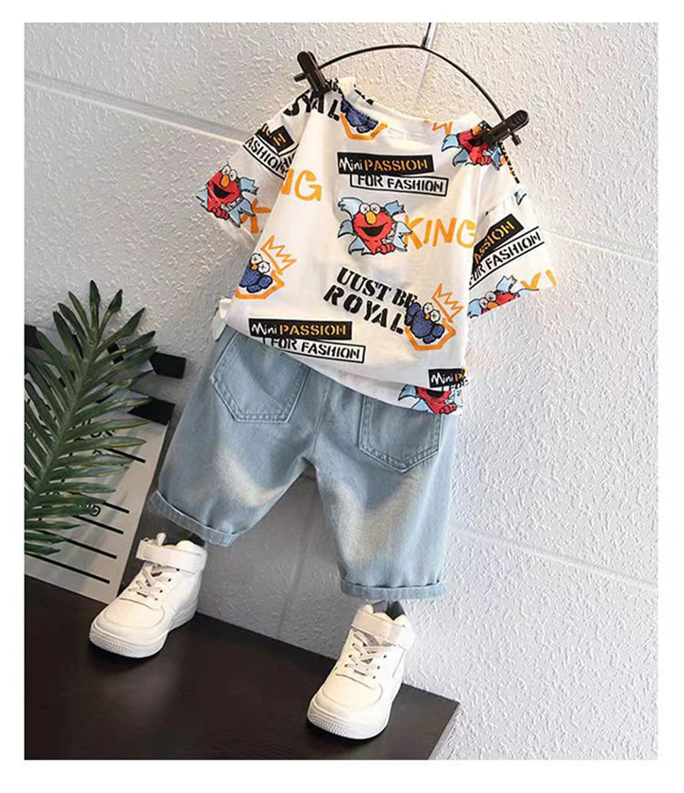 2026 Kids Cartoon Tee Denim Shorts Set Boys 3-12Y