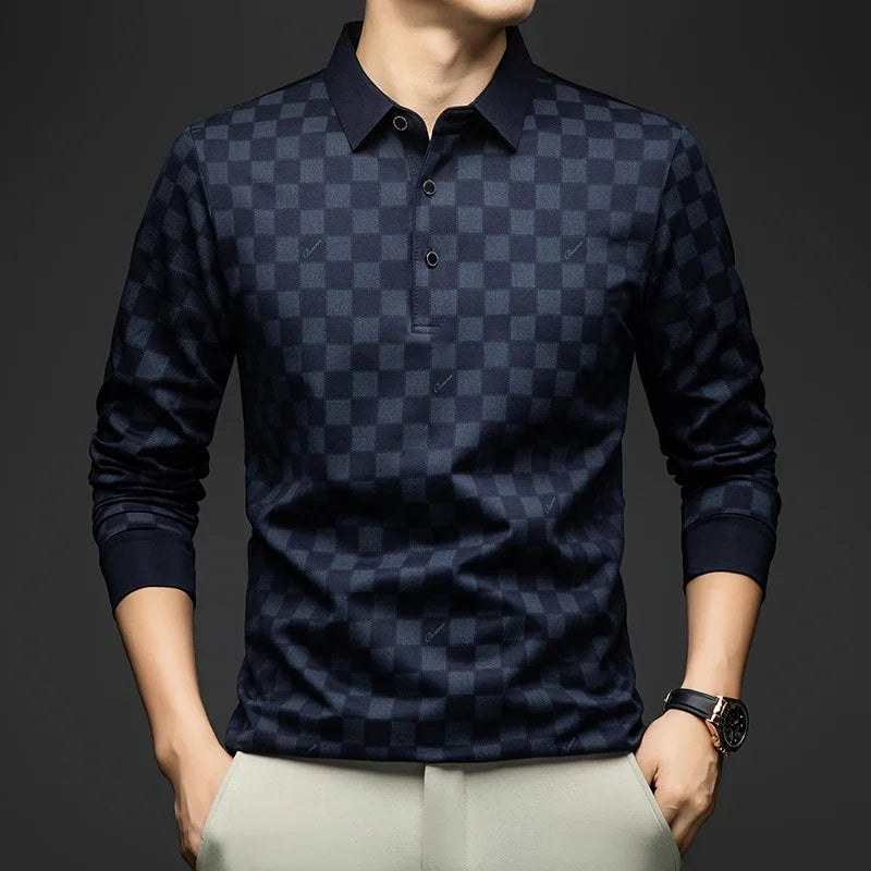 Polo Shirts for Man Autumn Business Slim Fit Long Sleeve T Shirt Men New Casual Loose Pullover Plaid Men Tops &amp; Tees