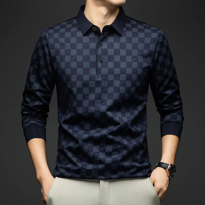 Polo Shirts for Man Autumn Business Slim Fit Long Sleeve T Shirt Men New Casual Loose Pullover Plaid Men Tops &amp; Tees