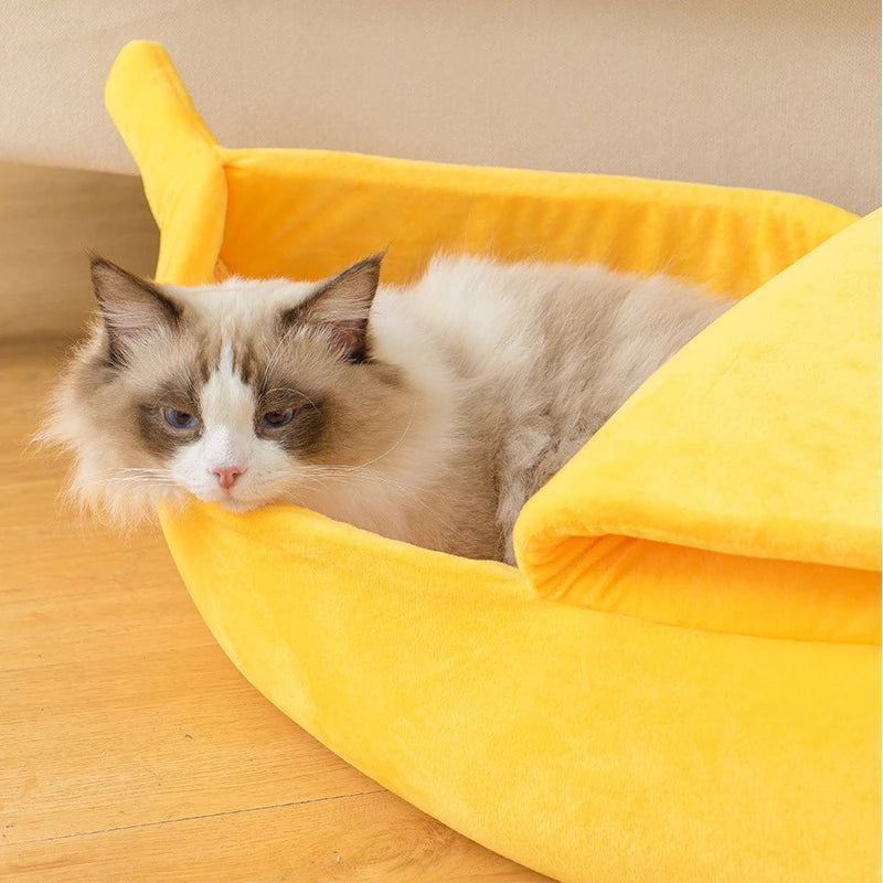 Banana Cat Bed House Cute Plush Warm Winter Pet Bed