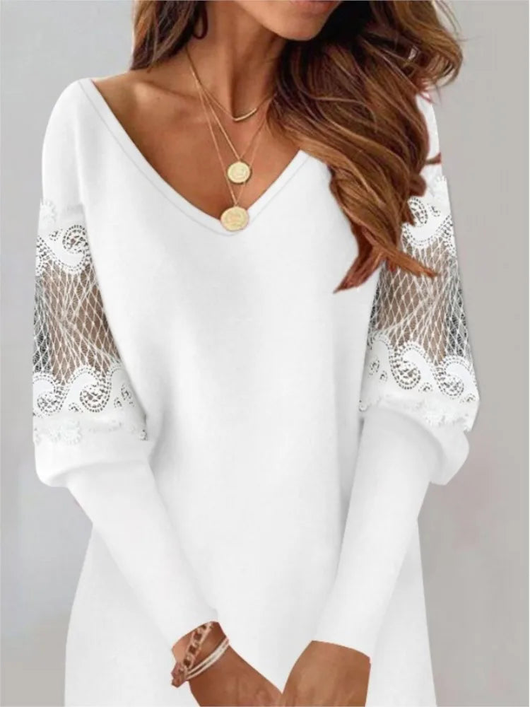 Dresses For Women 2024 Sexy V Neck Mesh Lace Sleeve Loose Dress Spring Autumn Casual Elegant Office Ladies Dress Robe Femme