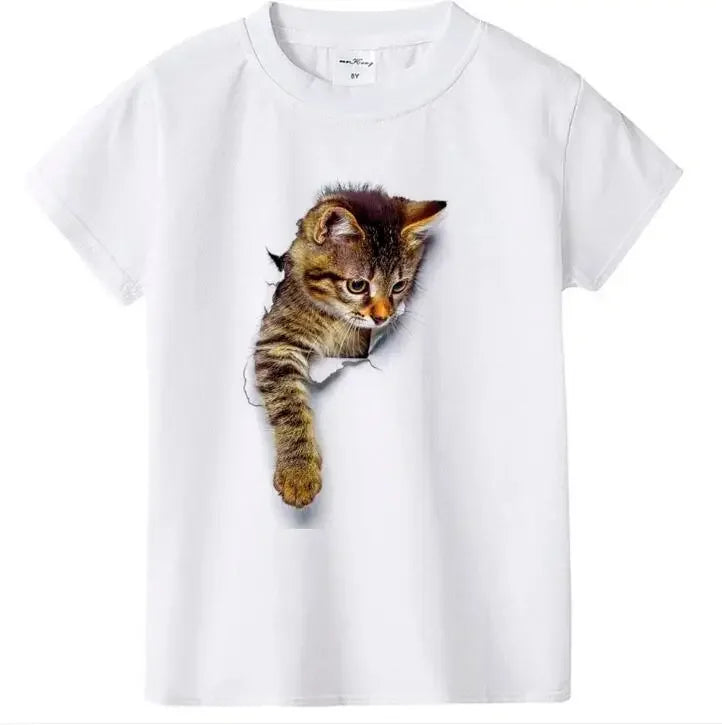 Girls Summer Cute 3D Cat Print Short Sleeve T-Shirt