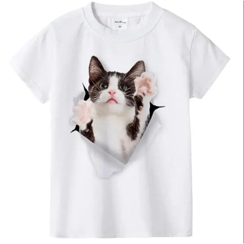 Girls Summer Cute 3D Cat Print Short Sleeve T-Shirt