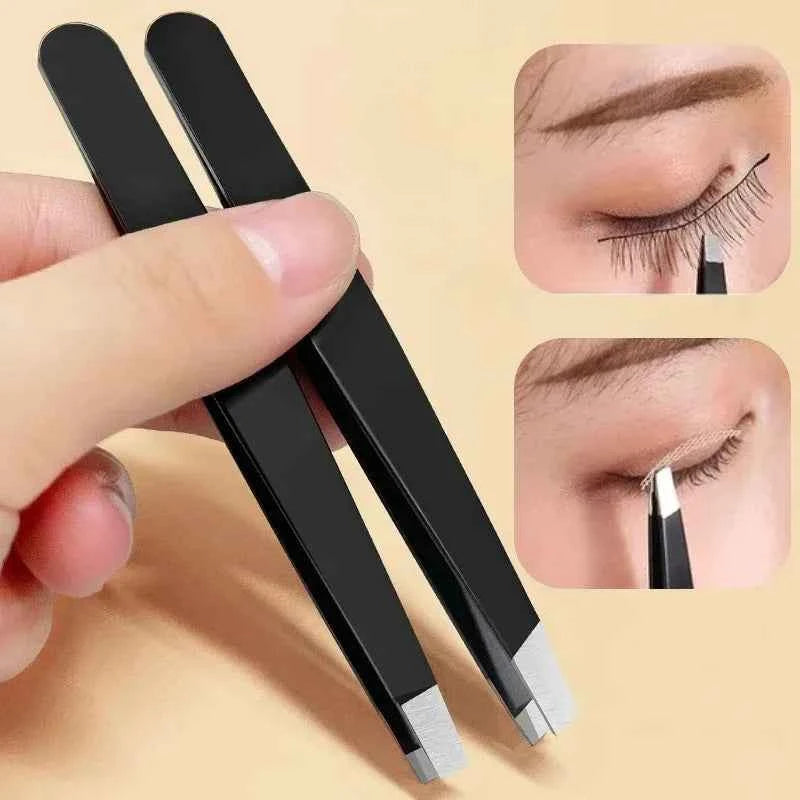 Stainless Steel Black Eyebrow Tweezer with Slant and Flat Point Beauty Tools for Eyelash Tweezer &amp; Ingrown Hair Removal