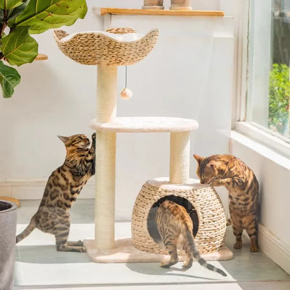 Wooden cat tree scratching post with sisal rope and flannelette platform indoor cat climbing tower for play and scratching