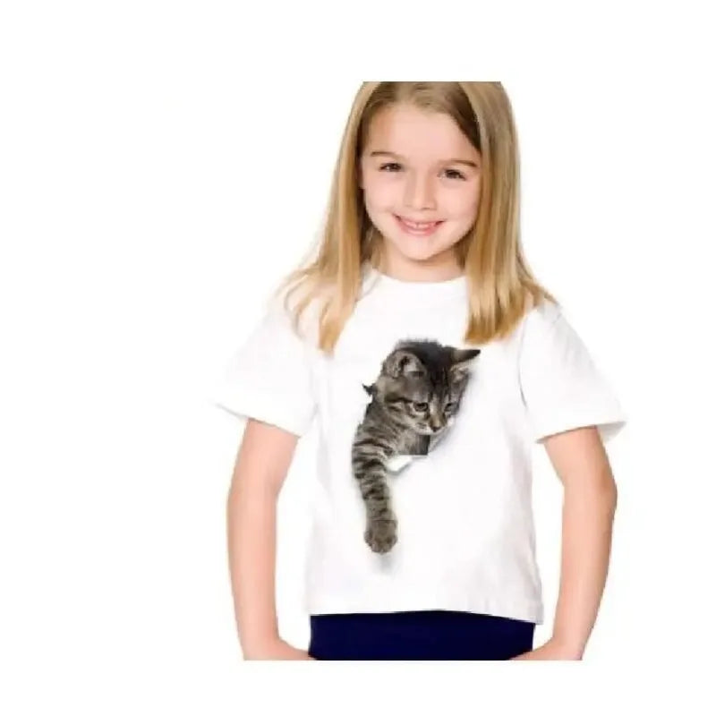 Girls Summer Cute 3D Cat Print Short Sleeve T-Shirt