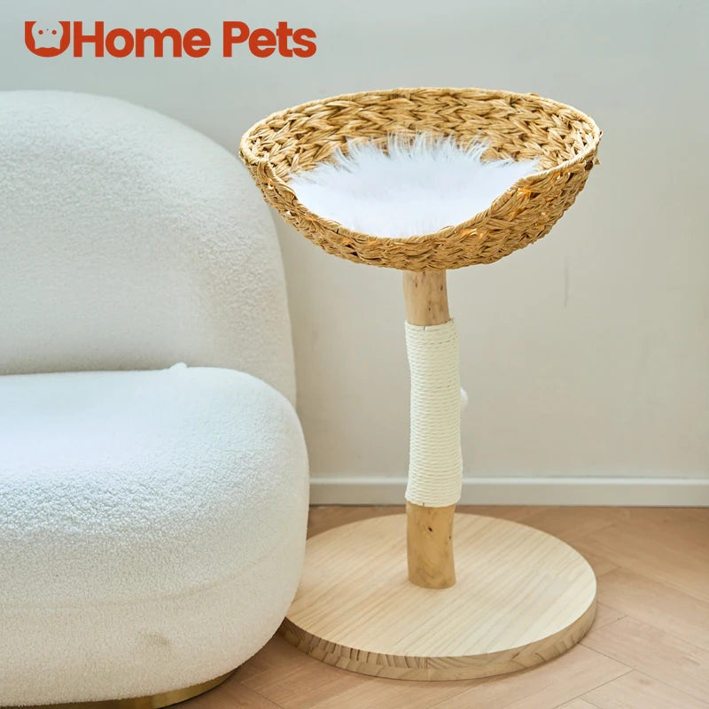 Modern wooden cat tree climbing tower with multi-level rattan design for indoor cats in small apartments