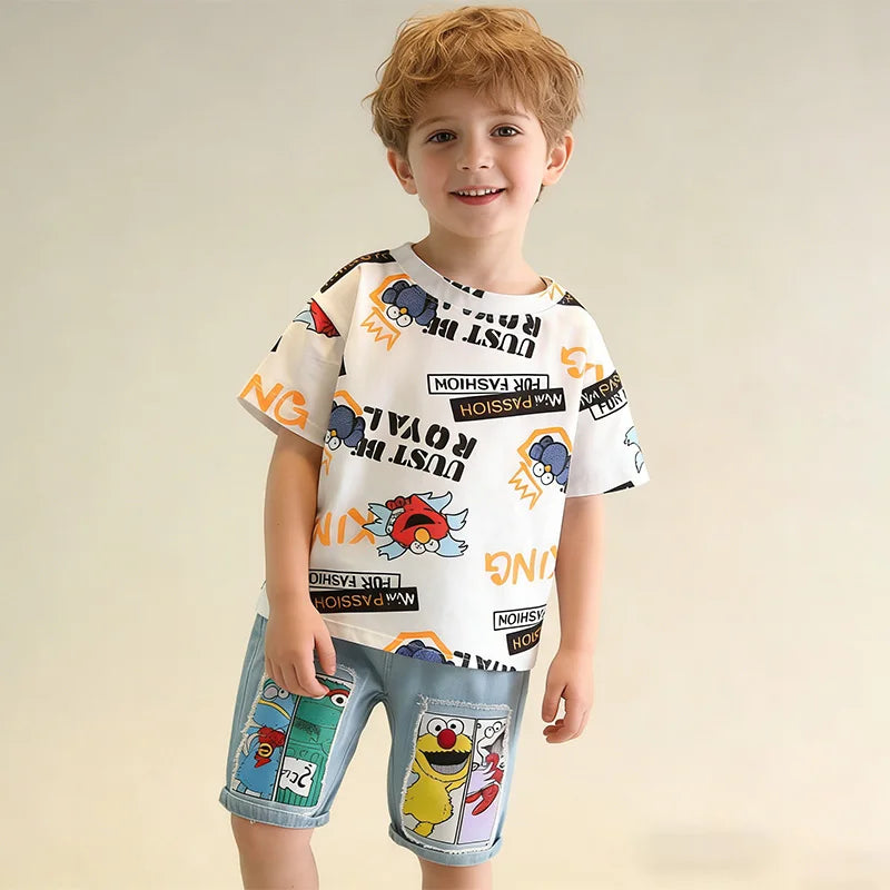 2026 Kids Cartoon Tee Denim Shorts Set Boys 3-12Y