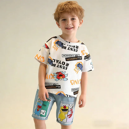 2026 Kids Cartoon Tee Denim Shorts Set Boys 3-12Y