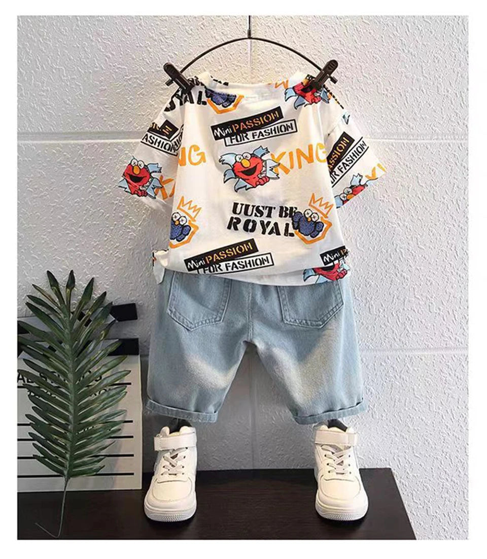 2026 Kids Cartoon Tee Denim Shorts Set Boys 3-12Y