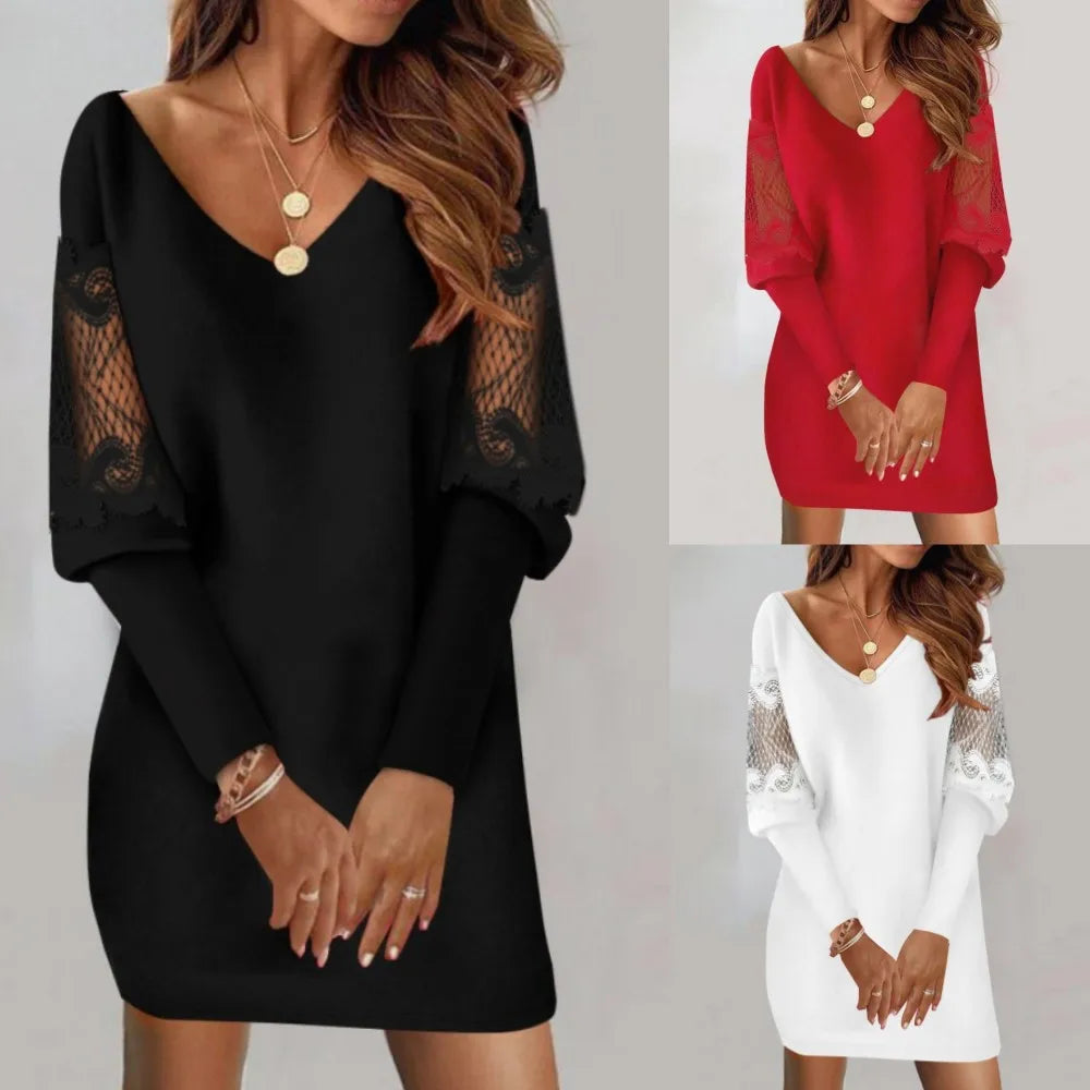 Dresses For Women 2024 Sexy V Neck Mesh Lace Sleeve Loose Dress Spring Autumn Casual Elegant Office Ladies Dress Robe Femme