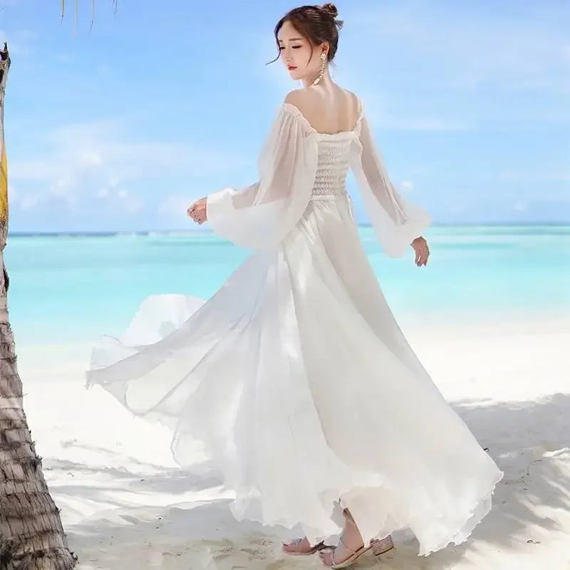 Dresses for Women Summer New Chiffon off-Shoulder Dress White Dress Vestido De Mujer