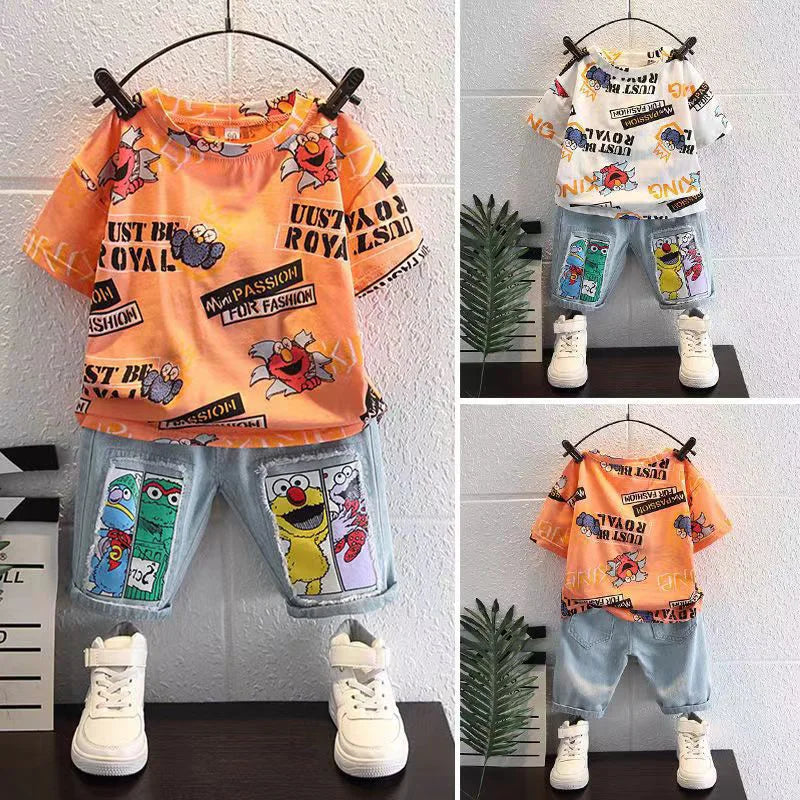 2026 Kids Cartoon Tee Denim Shorts Set Boys 3-12Y