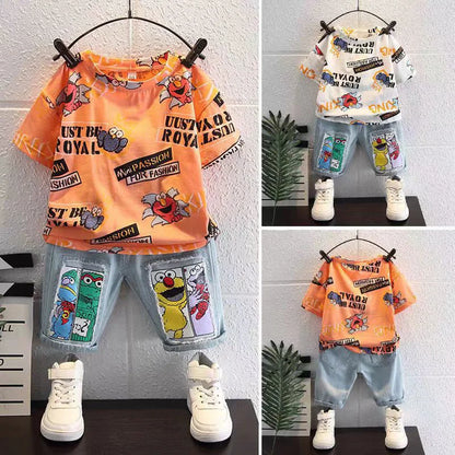 2026 Kids Cartoon Tee Denim Shorts Set Boys 3-12Y