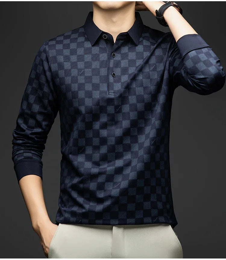 Polo Shirts for Man Autumn Business Slim Fit Long Sleeve T Shirt Men New Casual Loose Pullover Plaid Men Tops &amp; Tees