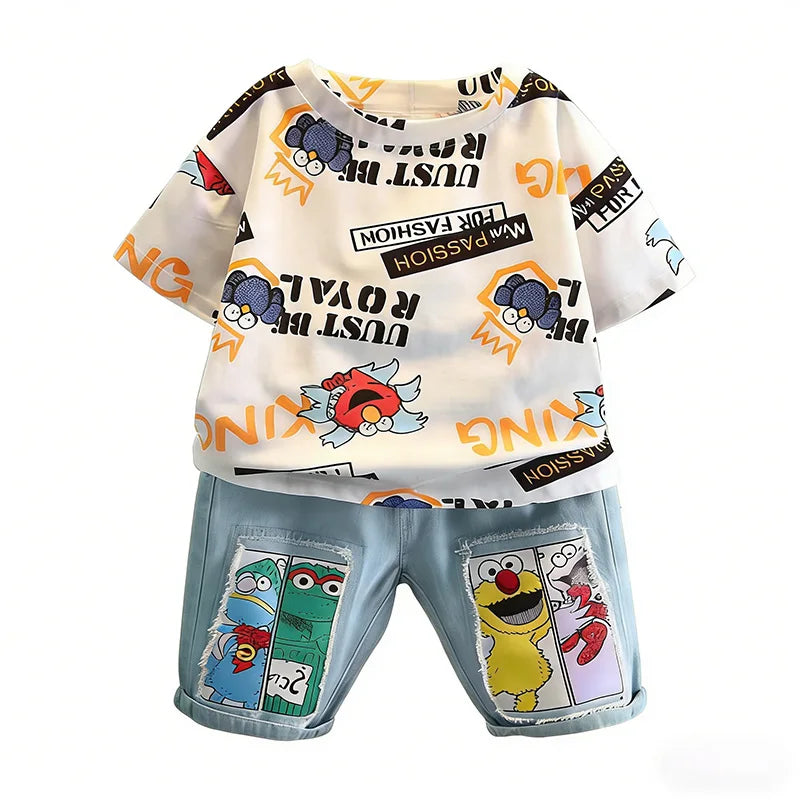 2026 Kids Cartoon Tee Denim Shorts Set Boys 3-12Y