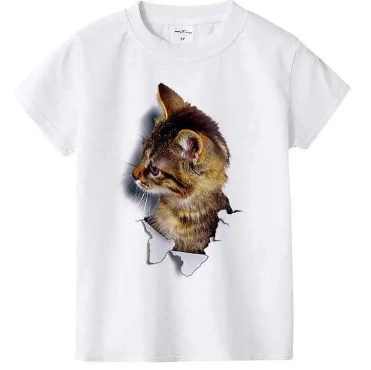 Girls Summer Cute 3D Cat Print Short Sleeve T-Shirt