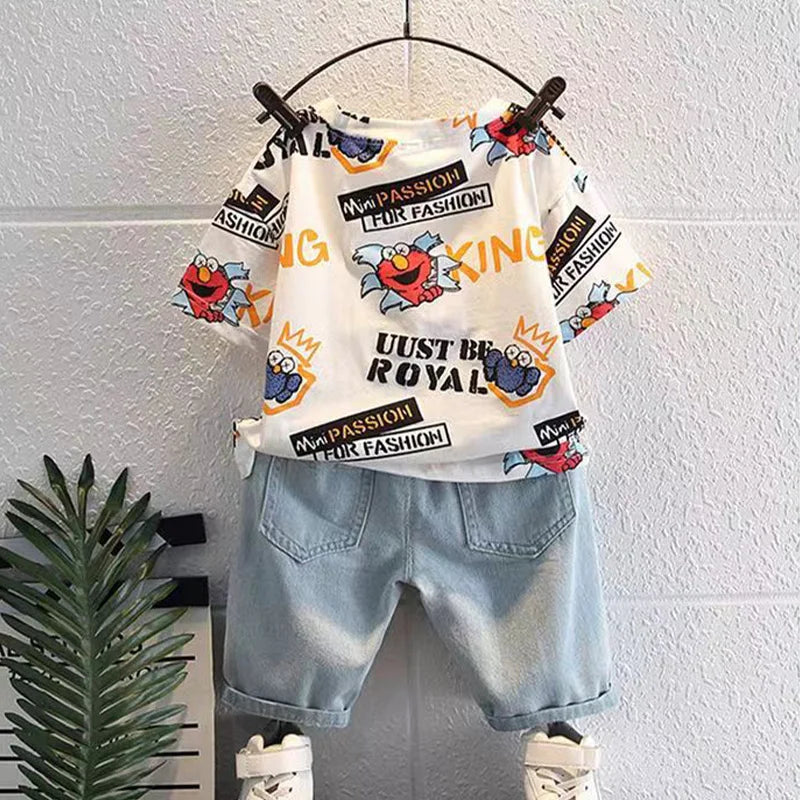 2026 Kids Cartoon Tee Denim Shorts Set Boys 3-12Y
