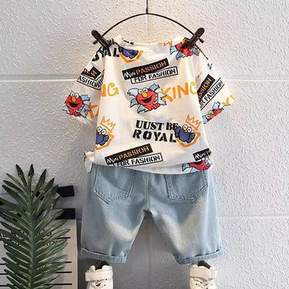 2026 Kids Cartoon Tee Denim Shorts Set Boys 3-12Y