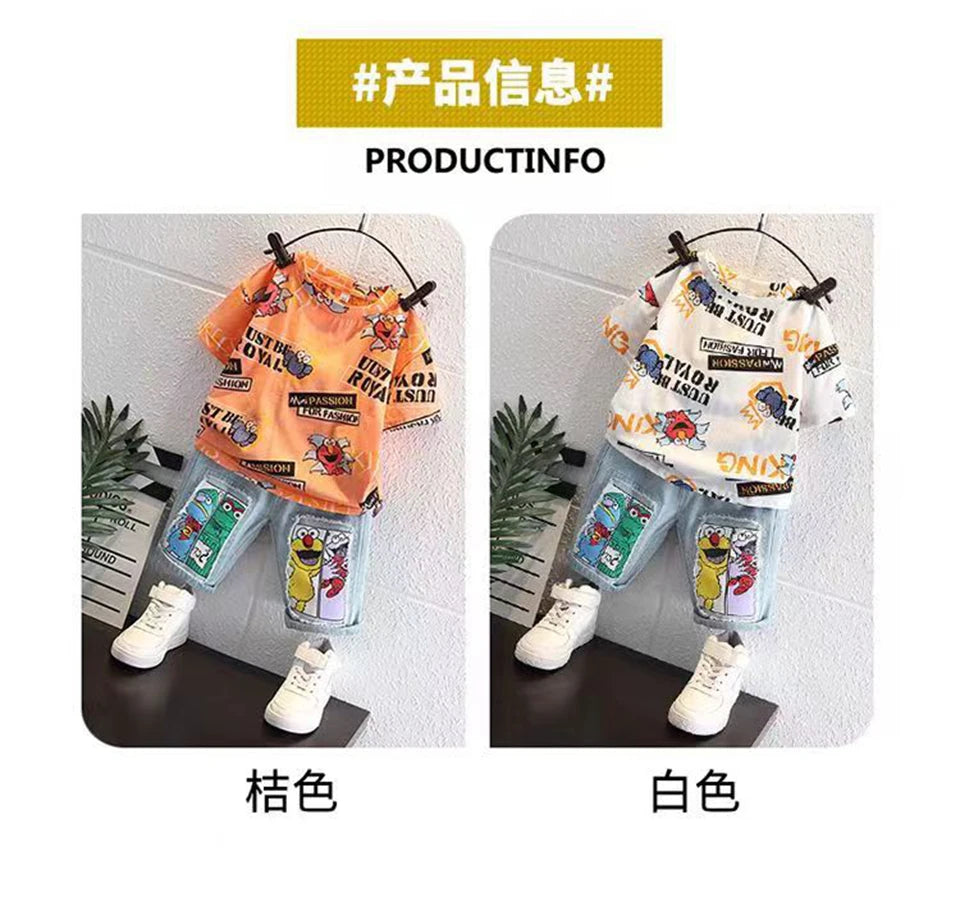 2026 Kids Cartoon Tee Denim Shorts Set Boys 3-12Y