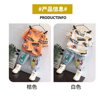 2026 Kids Cartoon Tee Denim Shorts Set Boys 3-12Y