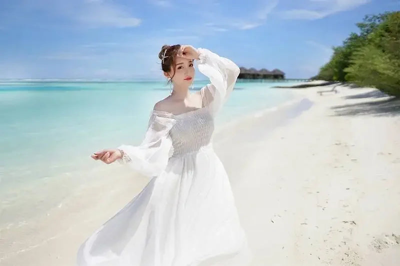 Dresses for Women Summer New Chiffon off-Shoulder Dress White Dress Vestido De Mujer