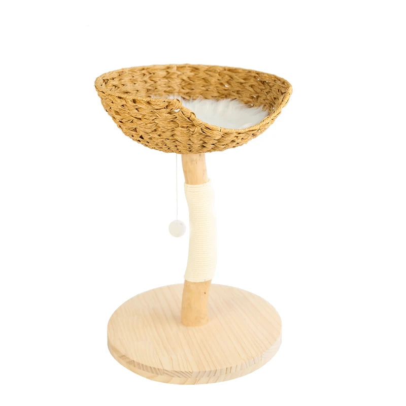 Modern Wooden Cat Tree Multi-Level Climbing Tower Rattan