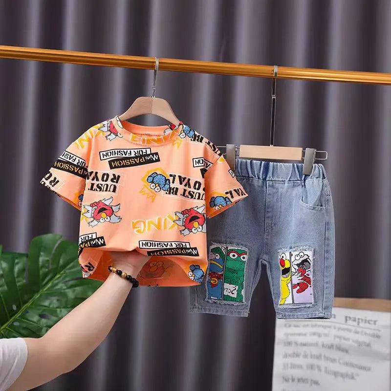 2026 Kids Cartoon Tee Denim Shorts Set Boys 3-12Y