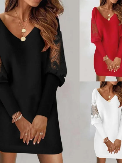 Dresses For Women 2024 Sexy V Neck Mesh Lace Sleeve Loose Dress Spring Autumn Casual Elegant Office Ladies Dress Robe Femme