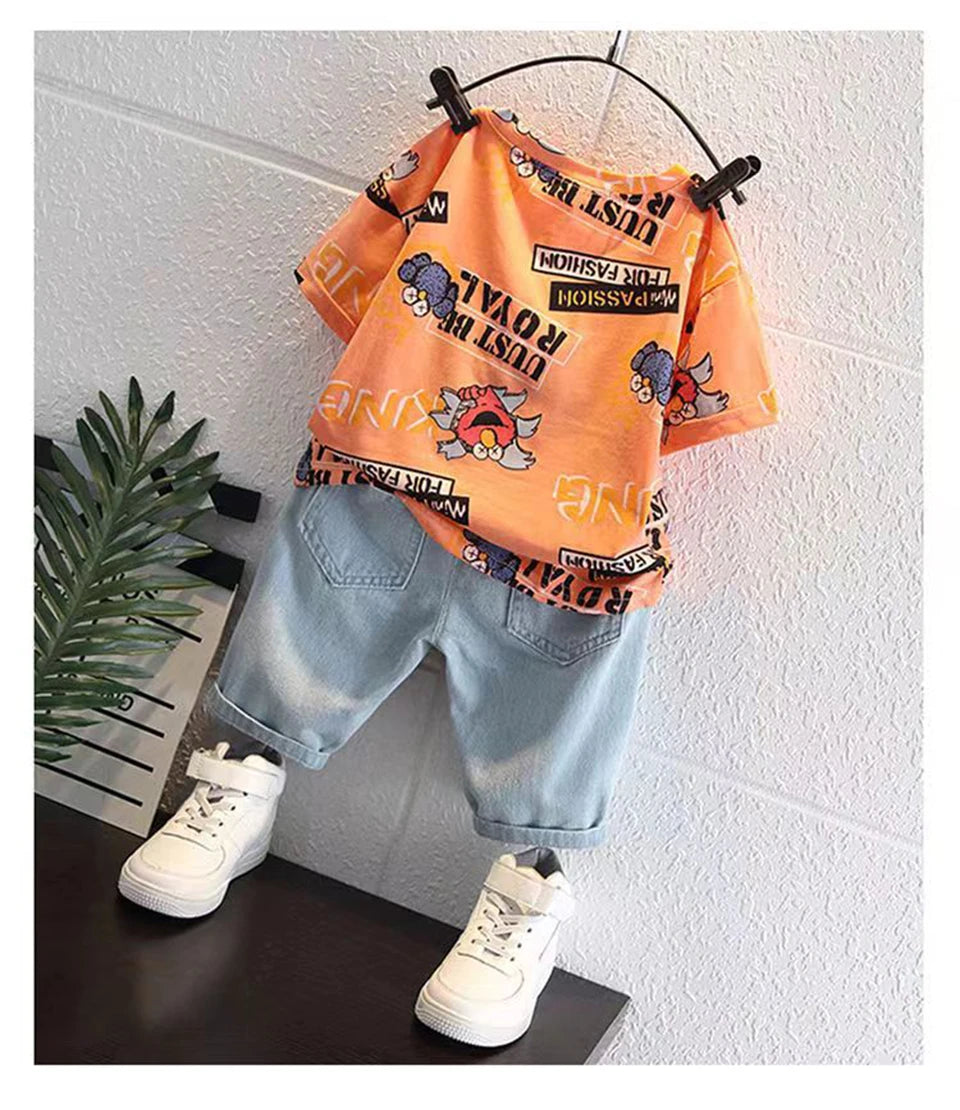 2026 Kids Cartoon Tee Denim Shorts Set Boys 3-12Y