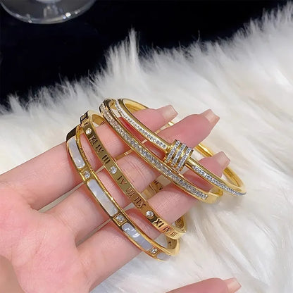 Elegant 8-piece Stainless Steel Bracelet Set With Rhinestone Embellishments, A Stylish Combination For Everyday Wear And Holiday