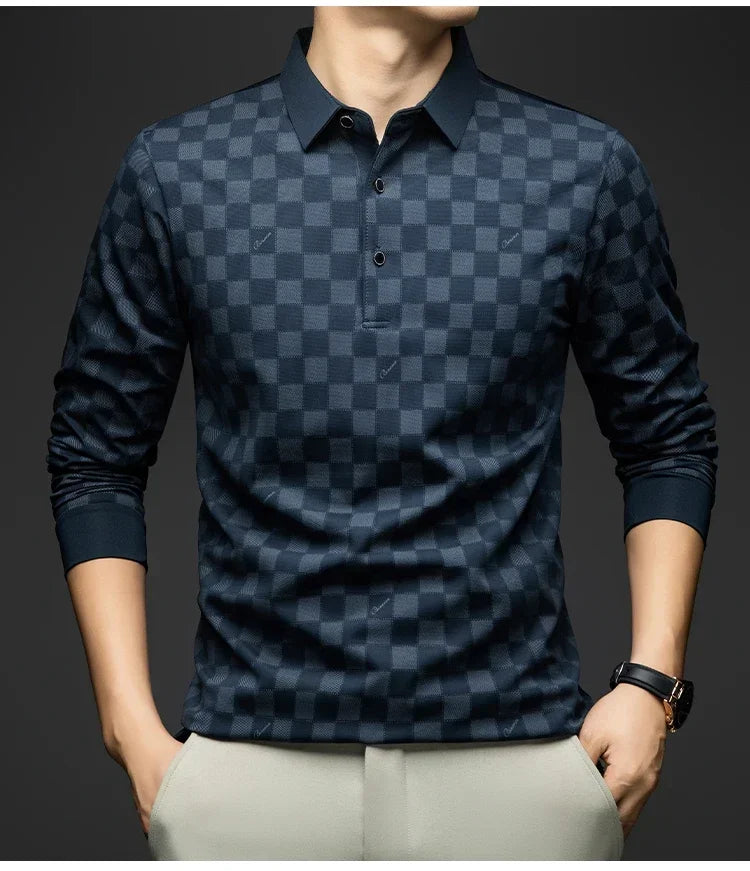 Polo Shirts for Man Autumn Business Slim Fit Long Sleeve T Shirt Men New Casual Loose Pullover Plaid Men Tops &amp; Tees