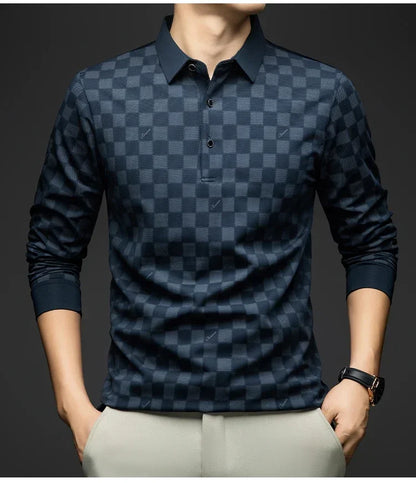 Polo Shirts for Man Autumn Business Slim Fit Long Sleeve T Shirt Men New Casual Loose Pullover Plaid Men Tops &amp; Tees