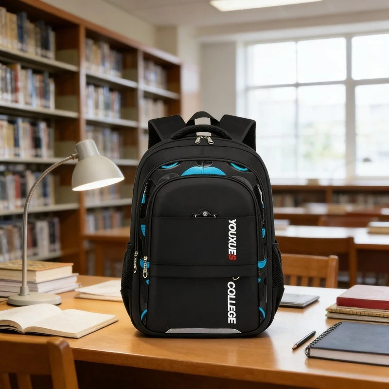 Kids waterproof school backpack in black and blue made of nylon with zipper and adjustable straps for boys and students