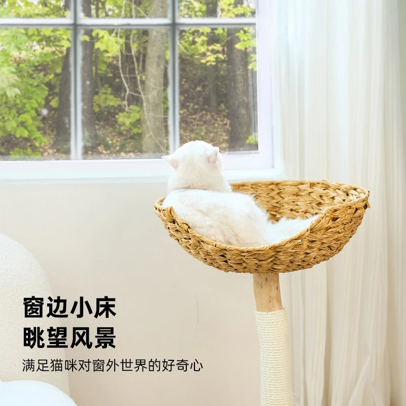 Modern Wooden Cat Tree Multi-Level Climbing Tower Rattan