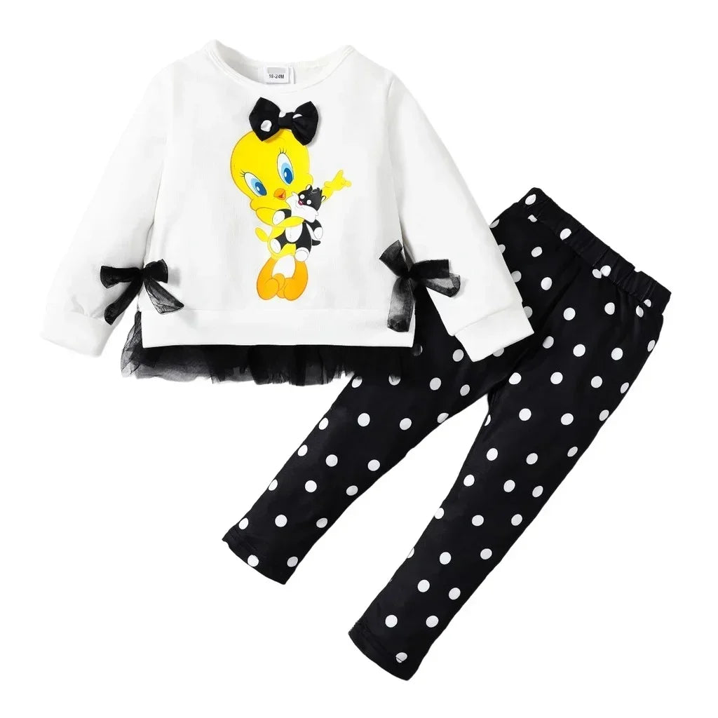 Kids girls clothing set with cartoon long sleeve top and wave pattern pants for ages 1 to 6 years casual wear