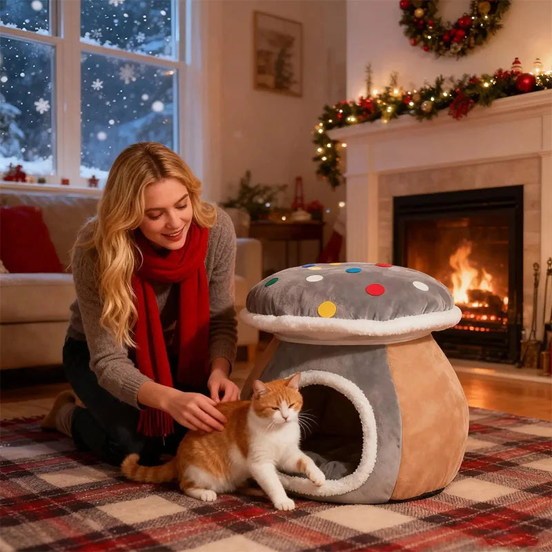Cat bed cave winter warm enclosed sleeping nest with removable cushion for cats and small pets indoor use