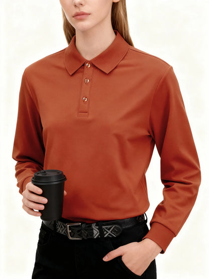 Solid Polo Shirts Womens Long Sleeves Slim GOLF shirt Commuting Winter Breathable Lapel Tops Sporty Comfortable Womans Clothes