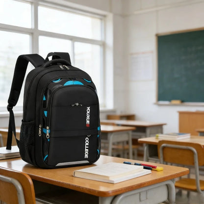 Kids waterproof school backpack in black and blue made of nylon with zipper and adjustable straps for boys and students