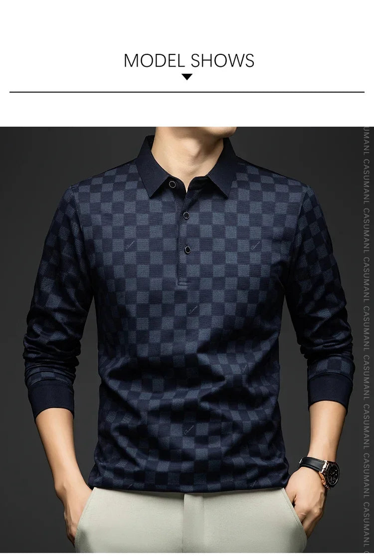 Polo Shirts for Man Autumn Business Slim Fit Long Sleeve T Shirt Men New Casual Loose Pullover Plaid Men Tops &amp; Tees
