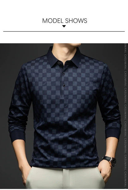 Polo Shirts for Man Autumn Business Slim Fit Long Sleeve T Shirt Men New Casual Loose Pullover Plaid Men Tops &amp; Tees